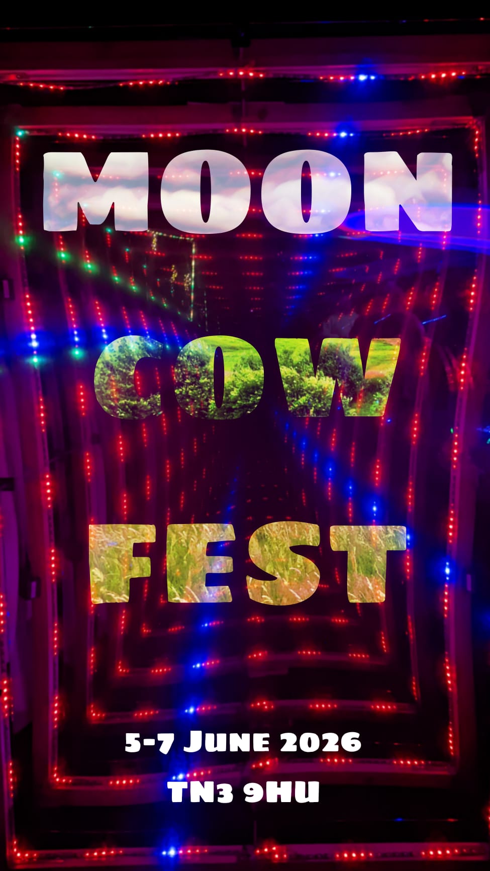 Mooncow Fest 2026 poster — neon lights with grass-filled letters reading MOON COW FEST
